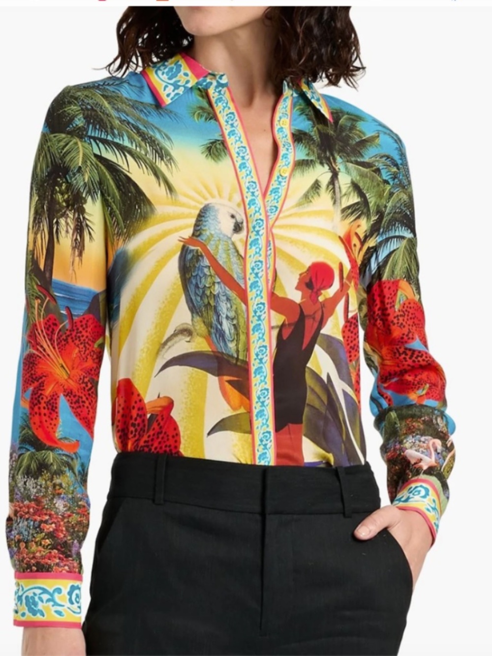 ALICE + OLIVIA Willa Tropical Print Silk Button-Up Shirt